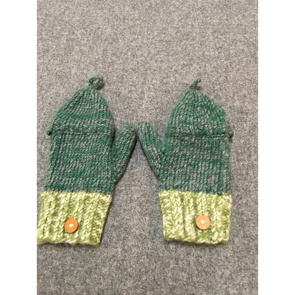 Homemade Convertible Mittens Kids 4-8 Years Green 100% Wool Flip Top Gloves